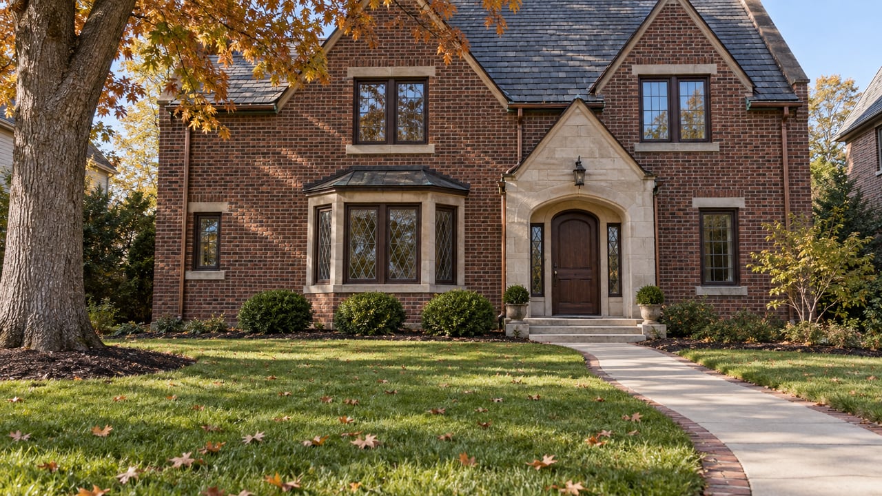Red brick home with a limestone arched entry, slate gables, deep front lawn, and a mature oak turning russet.