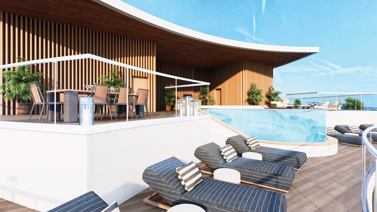 Rendering of the private penthouse pool terrace at Forté on Flagler with outdoor dining and sun loungers.