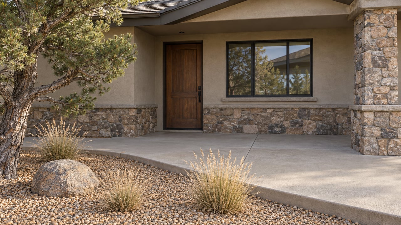 Warm gray stucco home entry with a walnut door, stone column, concrete landing, and gravel planting bed with pinyon pine and blue grama.