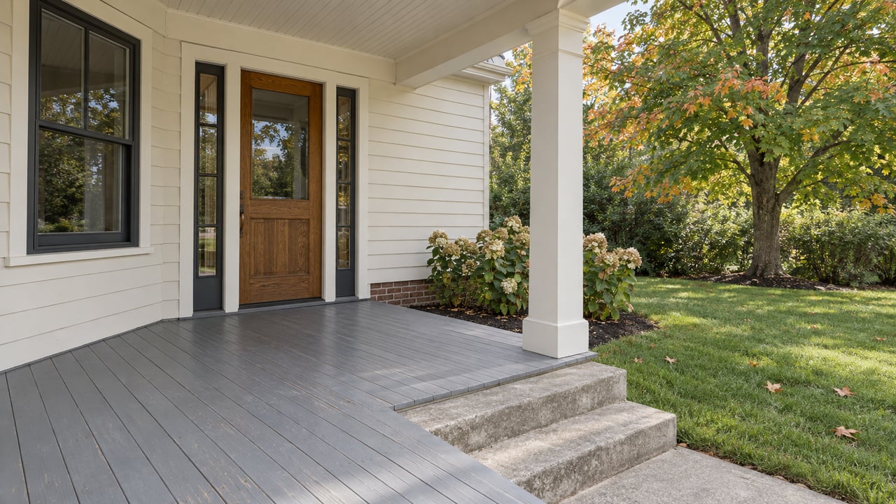 An ivory wood-sided home's covered porch, oak and glass entry, and weathered steps beside a deep lawn and a maple beginning to turn amber.