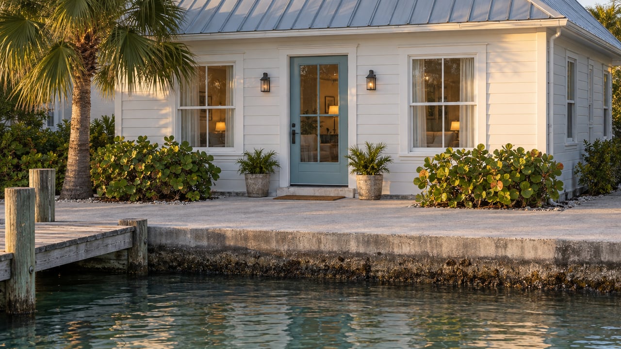 Waterfront cottage with a sea-glass blue door, palm, concrete terrace, timber landing, and tidal water.
