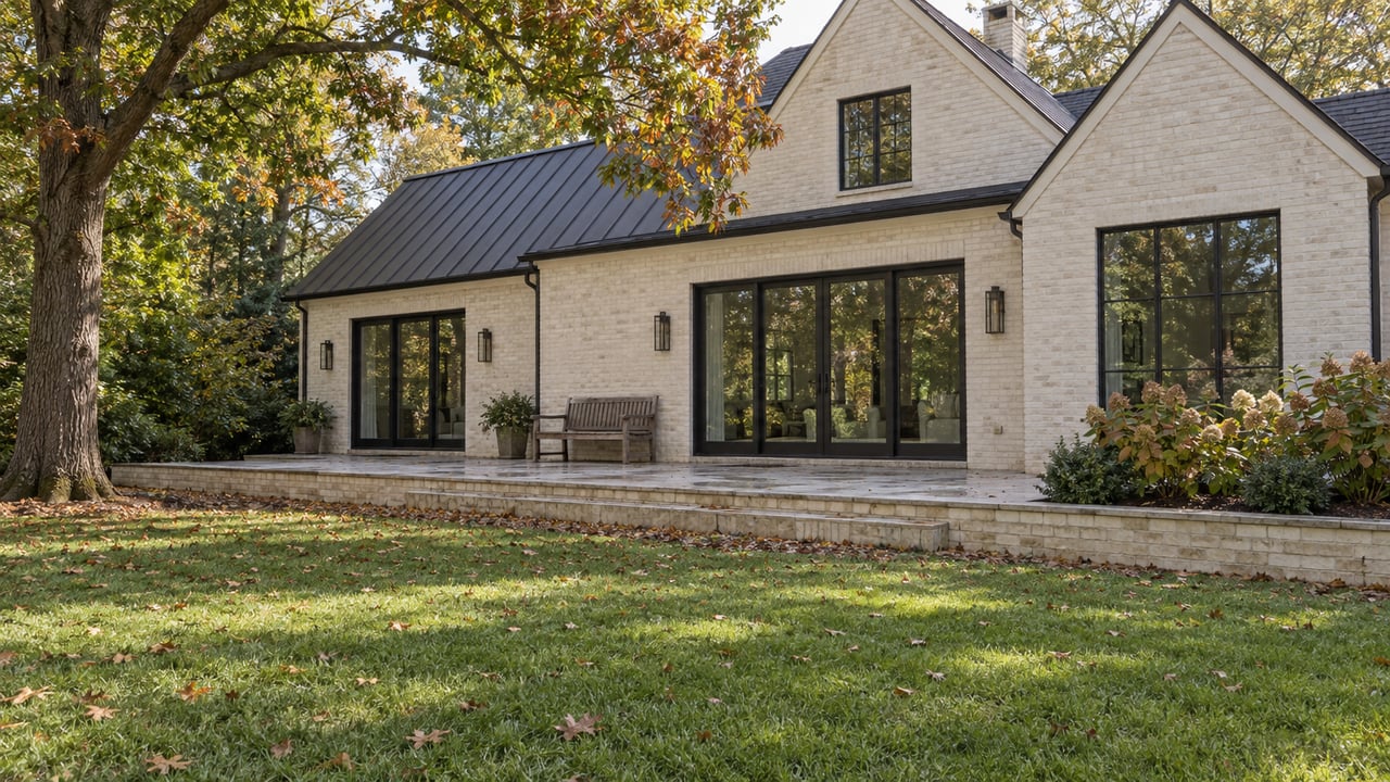 Off-white brick home with dark glazed doors, raised stone terrace, teak bench, and oak leaves scattered across the lawn.