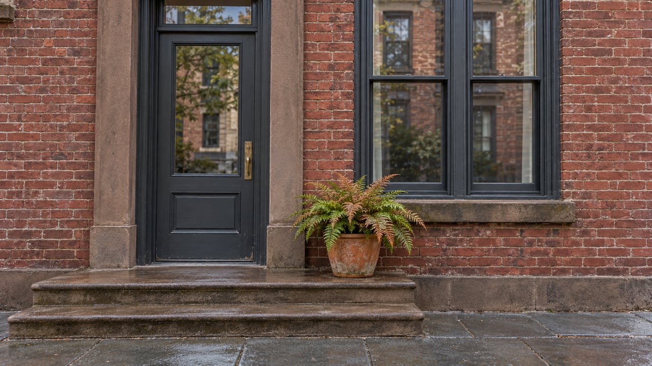 Weathered red brick residence with a glazed charcoal entrance, brownstone steps and a single potted fern.