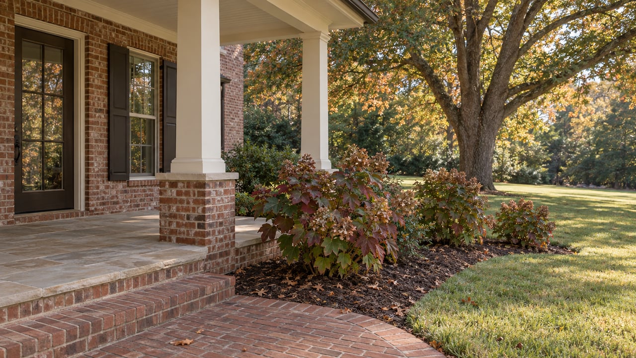 Brick home's covered porch with limestone paving, cream columns and autumn oakleaf hydrangeas beside a broad lawn.