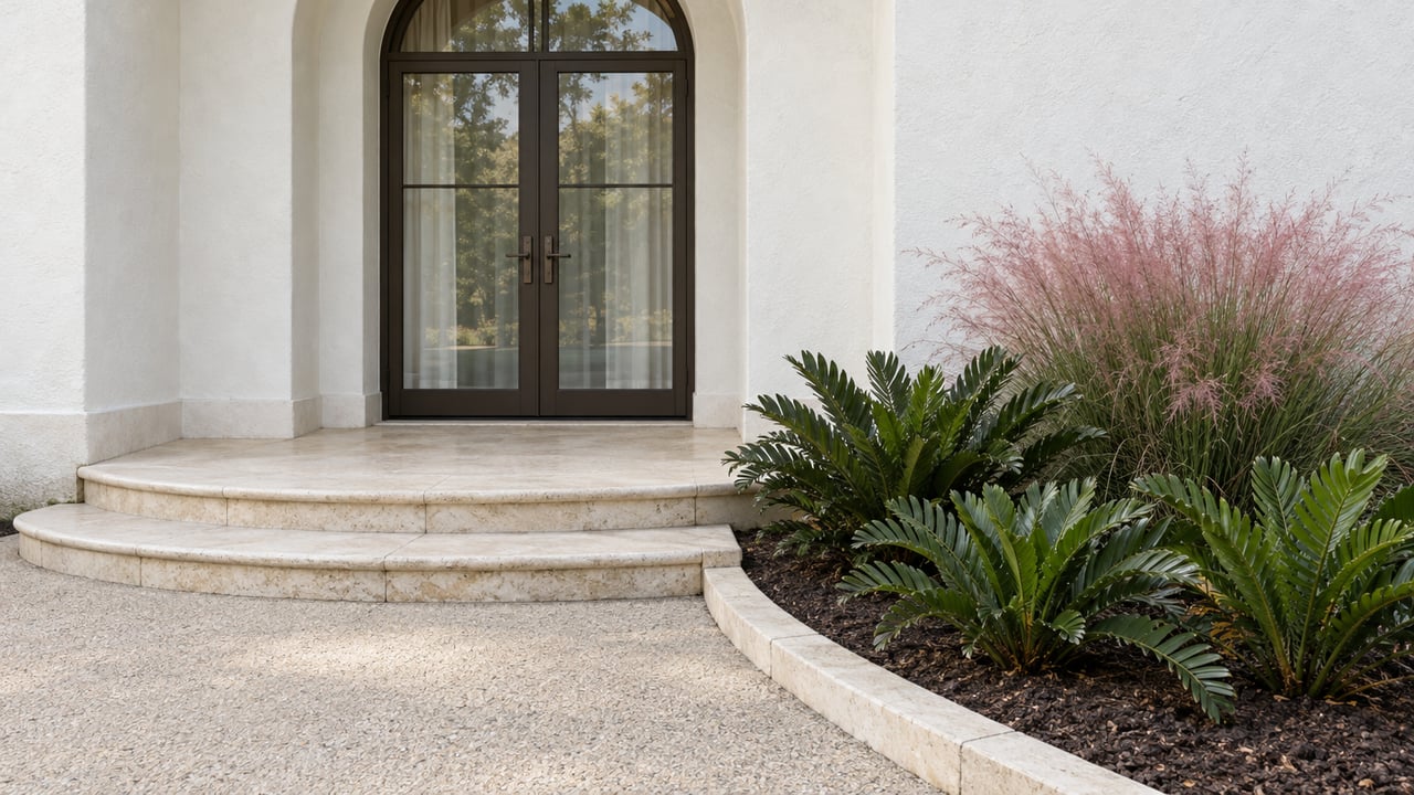 Arched glazed double doors in a white stucco home above curved pale stone steps, beside coontie and pink muhly grass.