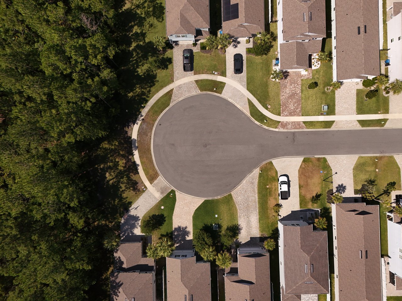 Aerial view of homes around a cul-de-sac beside a dense stand of trees.
