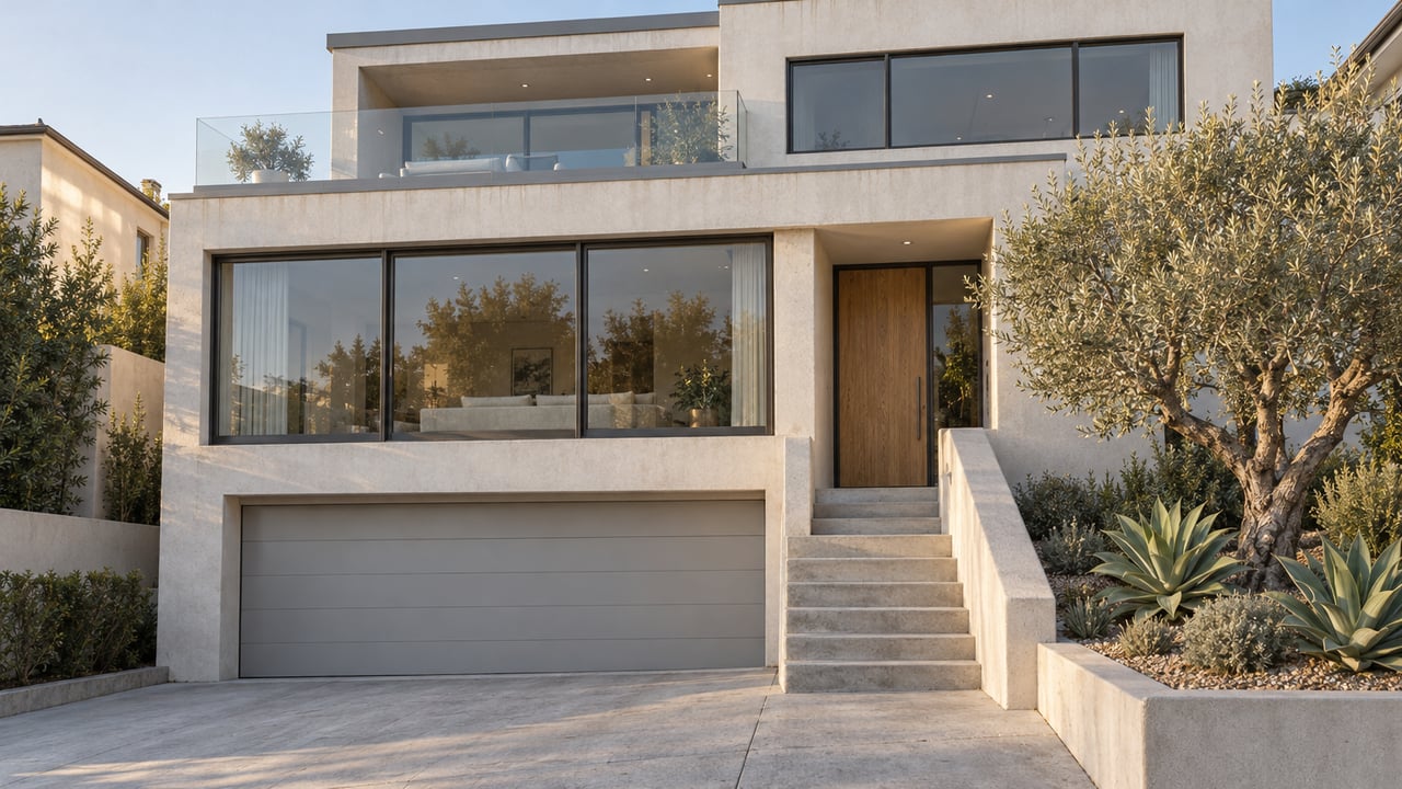 A three-level contemporary home with pale stucco, bronze-framed glazing, a sloping concrete driveway and a sculptural olive tree.