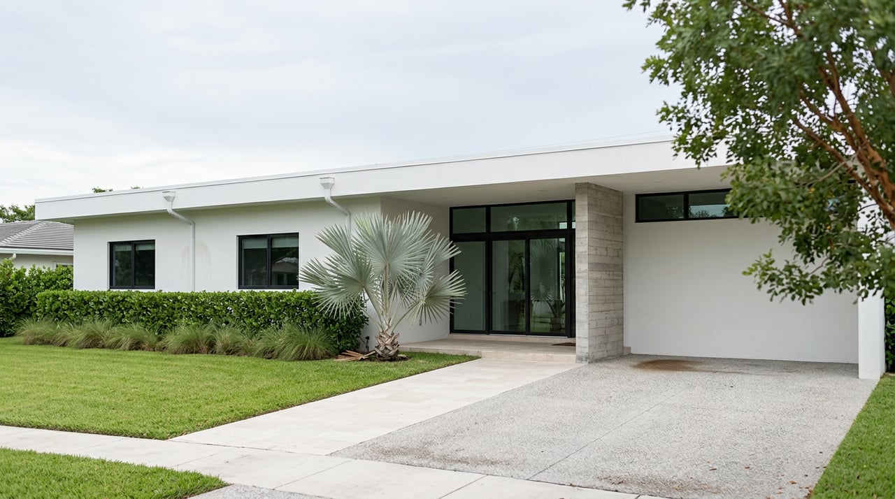 Modern white stucco home with a flat roof, silver-blue fan palm, broad lawn, and clipped hedge along the street.