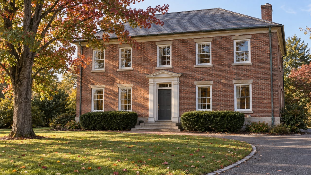 Red brick two-story home with white multi-pane windows, a limestone entry and deep autumn lawn beneath a red maple.