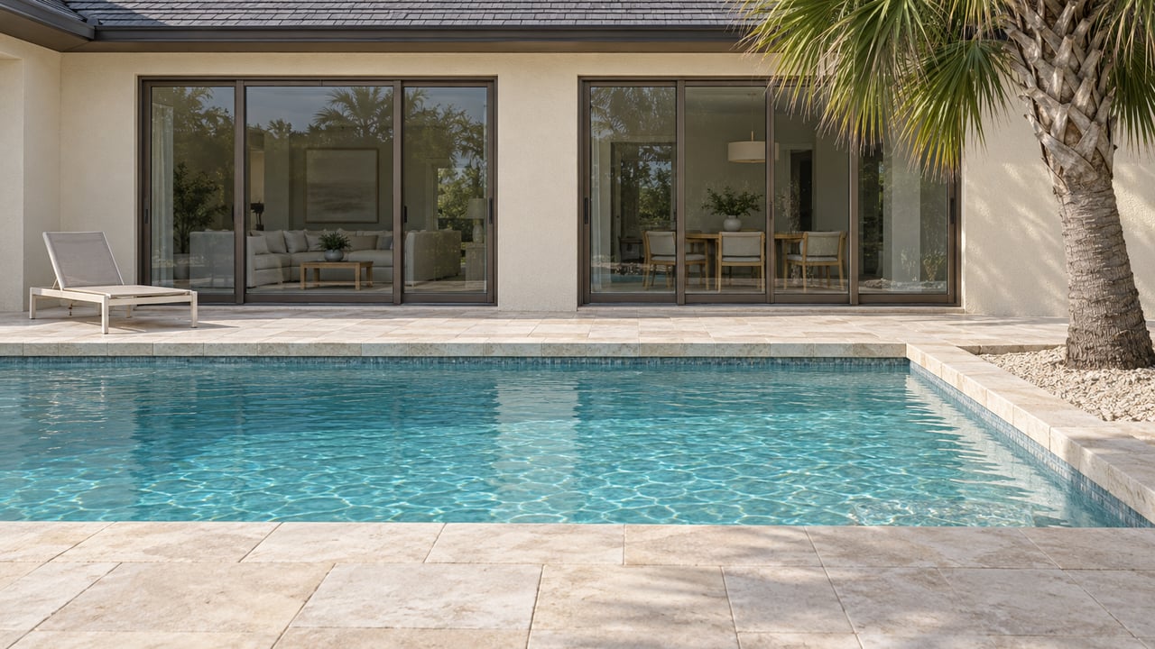 Cream-stucco home with closed bronze-framed glass doors overlooking a blue-green pool, pale limestone terrace and a single curved palm.
