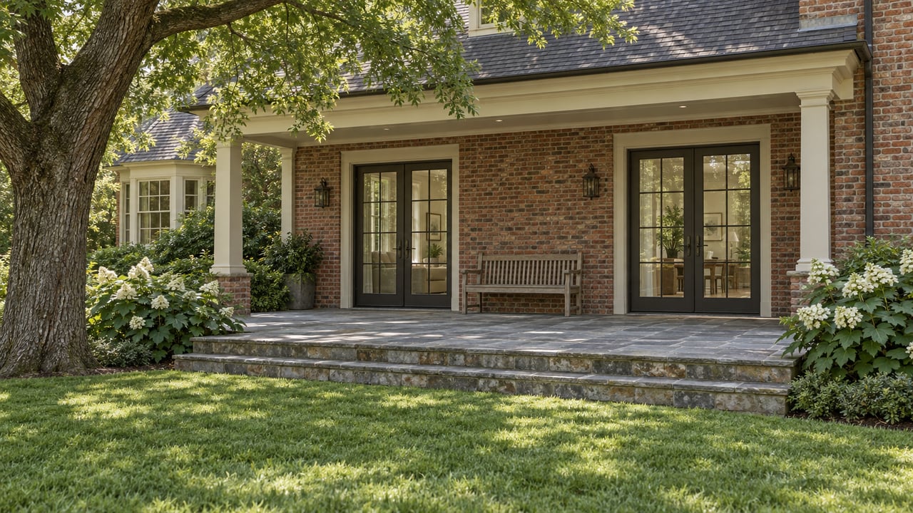 Red-brick house with French doors opening onto a bluestone terrace, lawn, teak bench, and mature oak canopy.