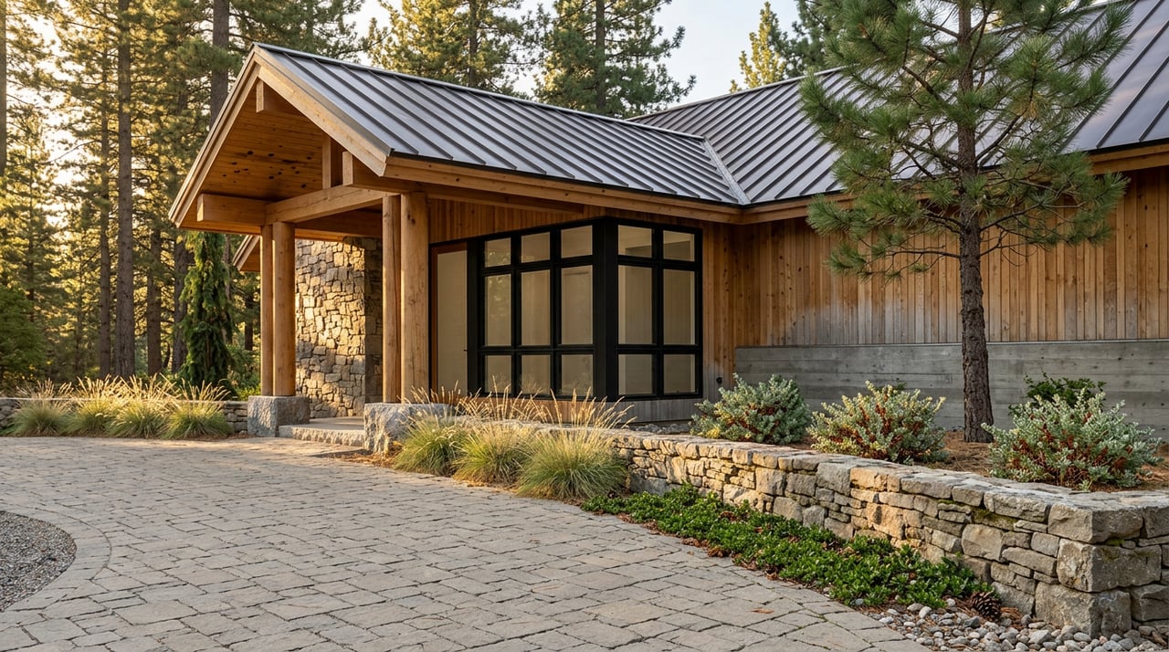 Fieldstone motor court curves toward a cedar-and-stone mountain home with timber posts and pine trees.