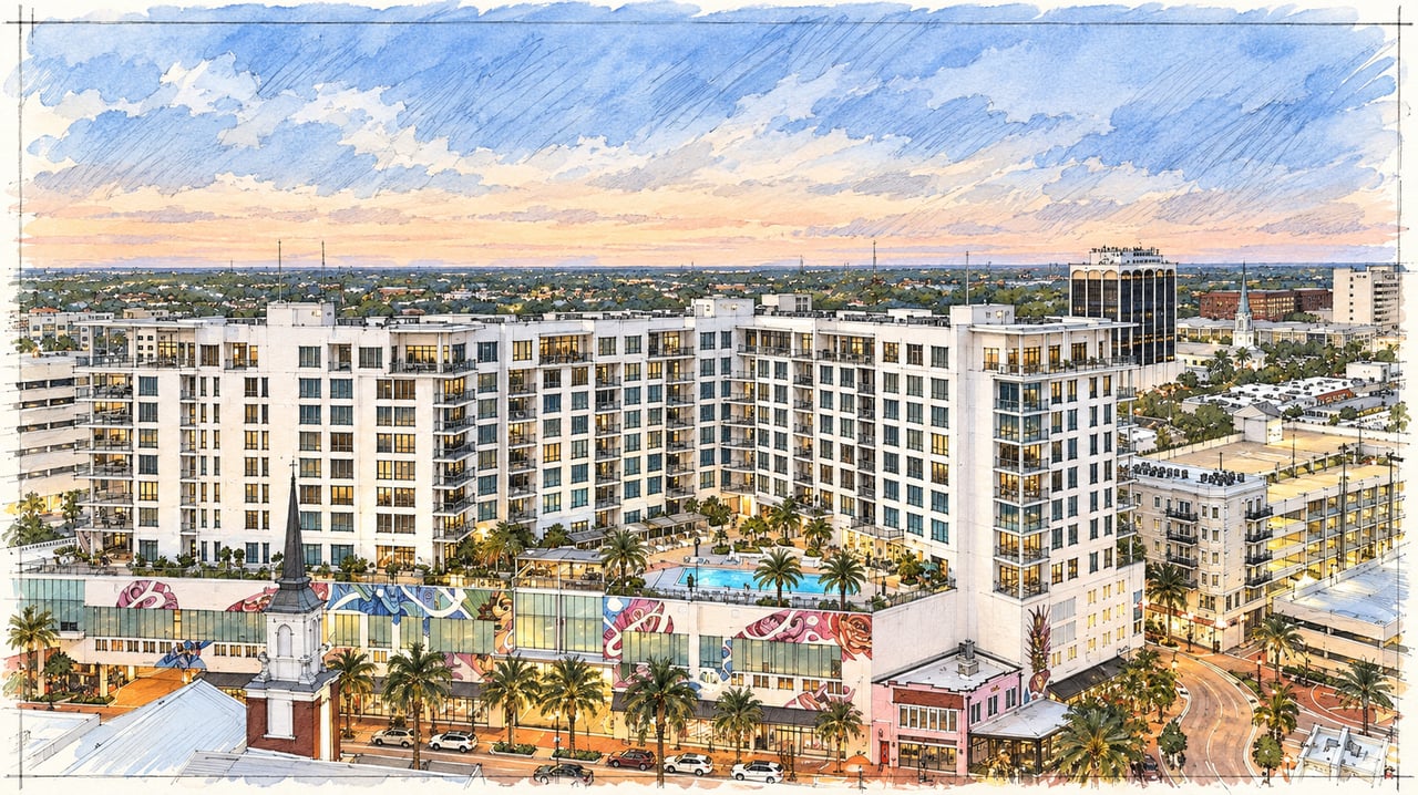 The Mark Sarasota condominium rendering with balconies, a courtyard pool, and colorful street-level murals.