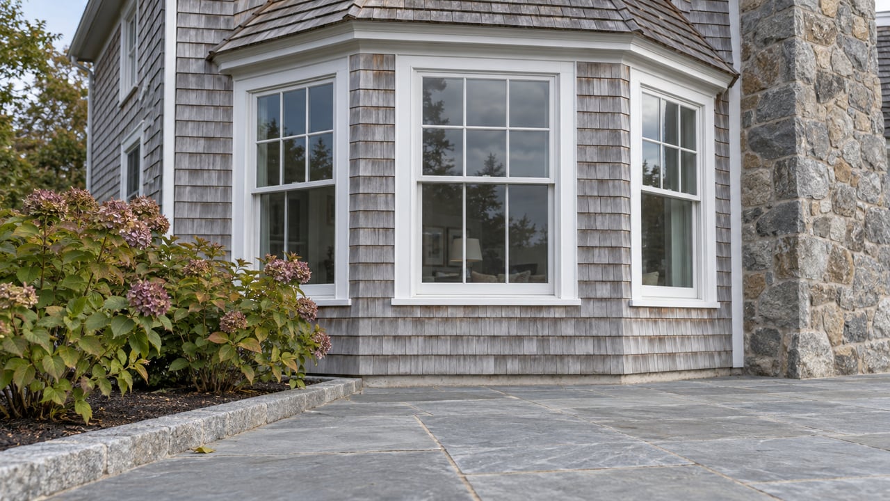 Shingle-sided house exterior with white-trimmed windows, a stone wall, and a paved walkway.