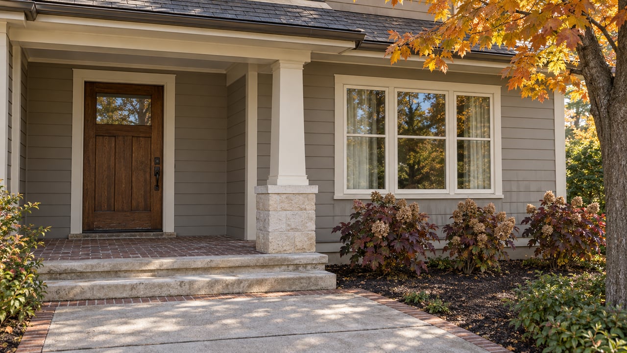Covered entry with an oak door, gray clapboard, brick porch, limestone steps and amber maple foliage.