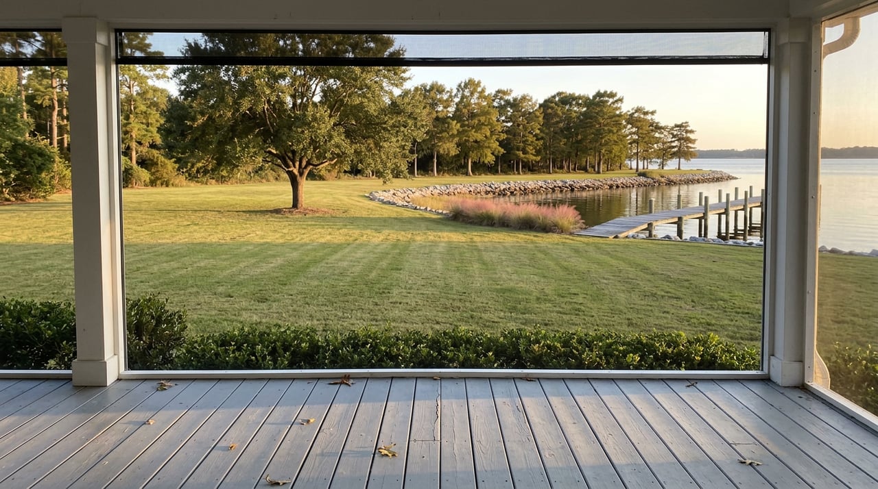 Screened porch overlooking a broad lawn, stone shoreline, and weathered wood pier beside calm water.
