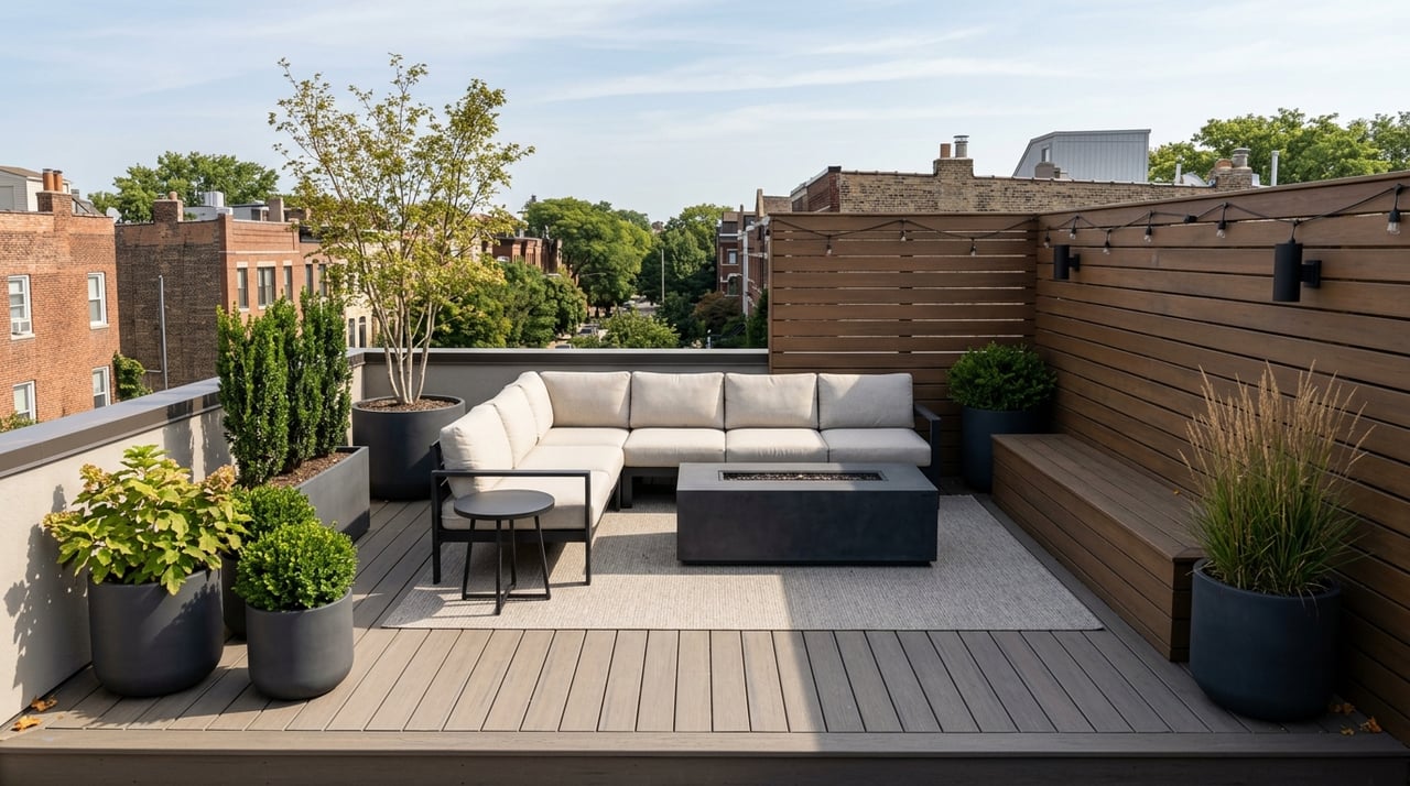 Contemporary rooftop terrace with composite decking, a cedar-slat wall, fire table, and planters.