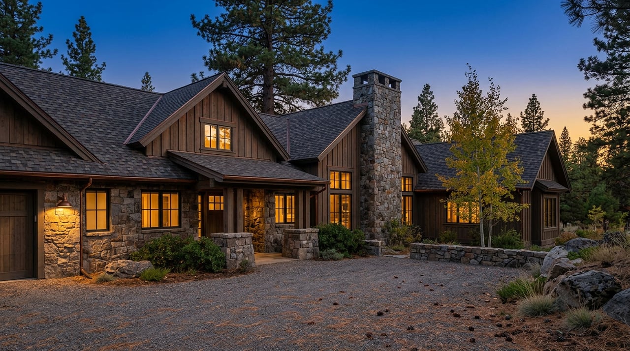 Mountain lodge with glowing windows, stone chimney, cedar siding, and a gravel drive beneath conifers at dusk.