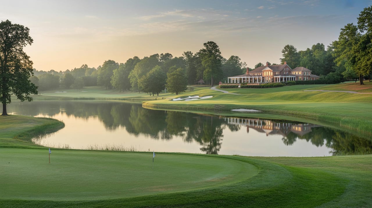 Manicured golf course beside a reflective pond, with a clubhouse and trees across the water.