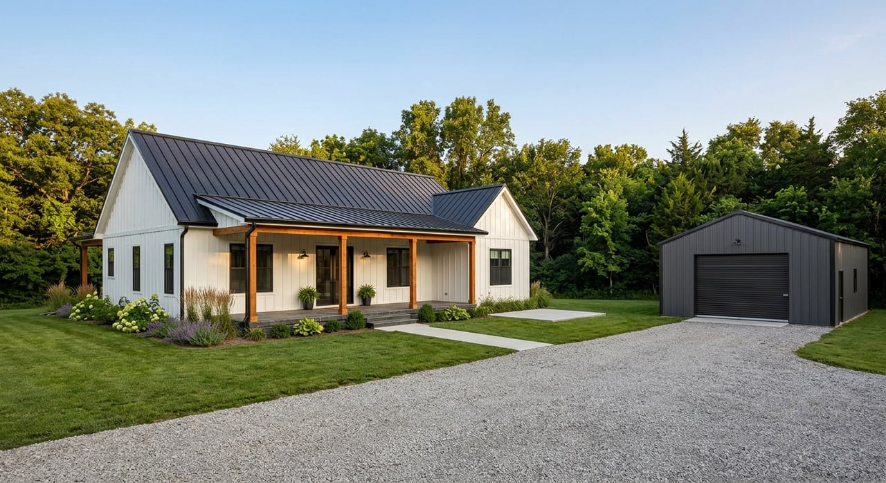 Warm-white farmhouse and detached charcoal workshop frame a concrete porch across a broad gravel-and-lawn yard.