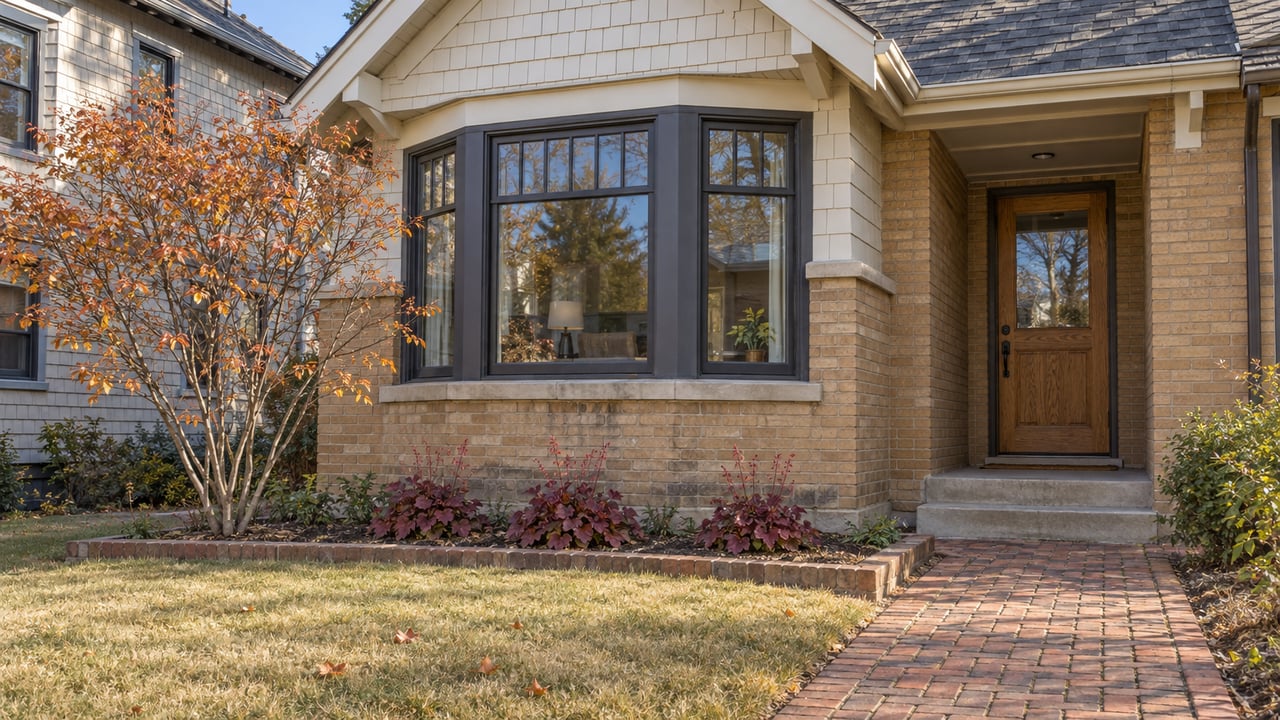 Buff-brick and ivory-shingle home with a projecting window bay, recessed oak entry, and compact autumn garden.