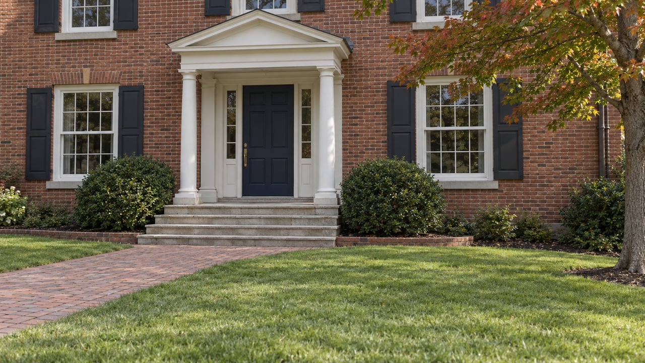 Brick residence with a white columned entry, navy door, limestone steps, and a clay-paver walk crossing a deep green lawn.