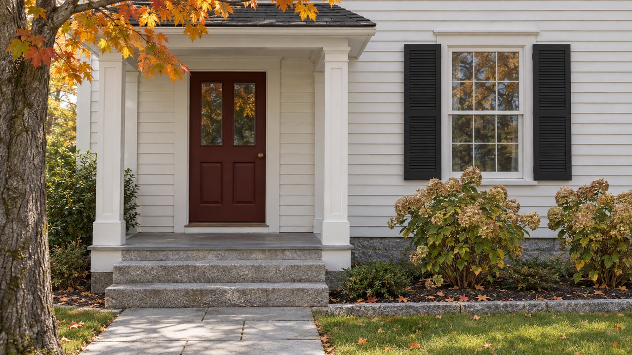 White clapboard house entry with a red wood door, paired black window shutters, granite steps, and autumn maple leaves.