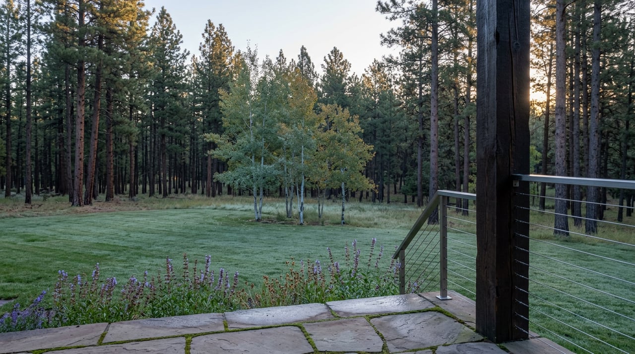 Flagstone deck and timber post overlook a dew-covered lawn, pale aspens, and dense pines at dawn.