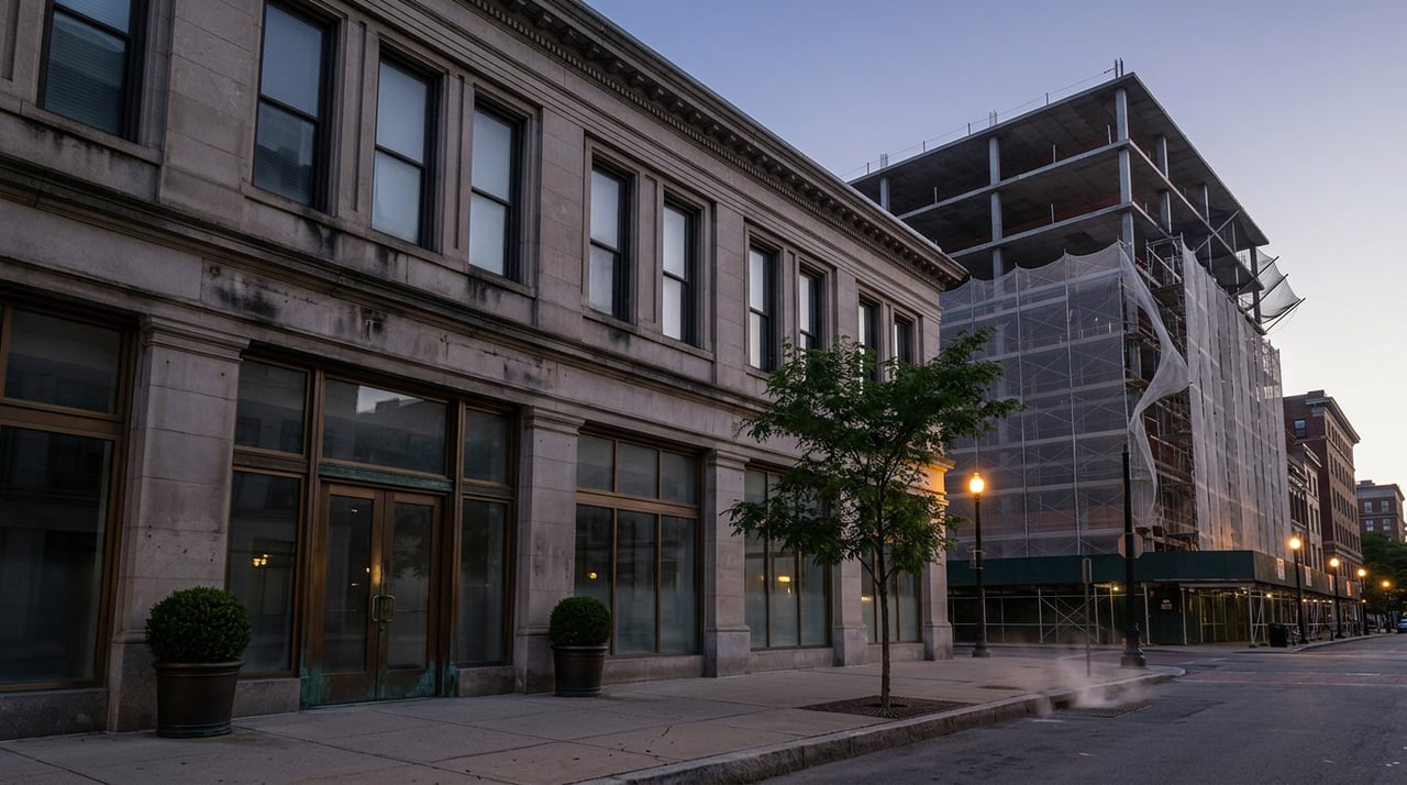 Cast-stone storefront beside a scaffold-wrapped tower under construction, with a street tree and faint steam rising from a grate.