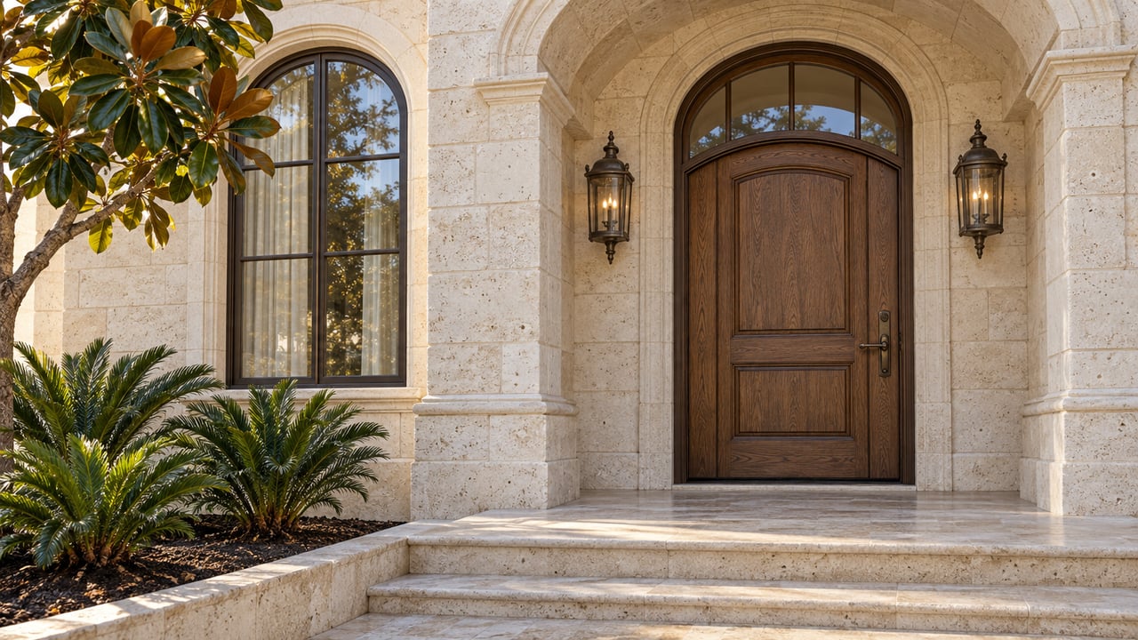 Limestone estate entrance with an arched oak door, bronze lanterns, and magnolia leaves above a stone terrace.