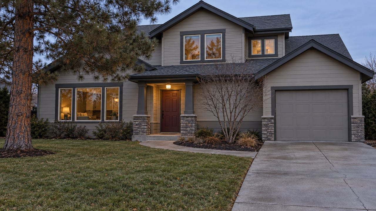 Two-story lap-sided home at winter dusk, with a deep front lawn, weathered concrete driveway, and warmly lit covered entry.