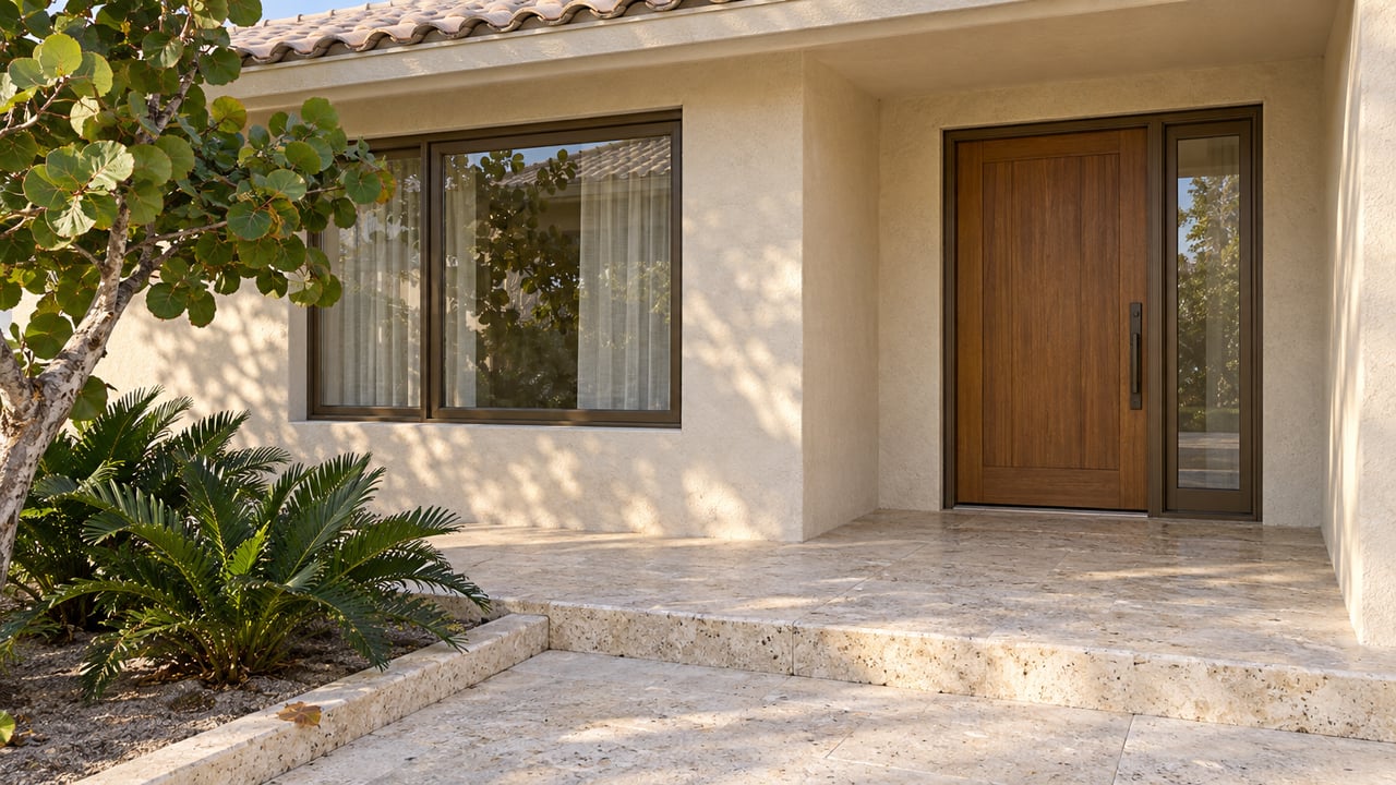Sunlit ivory stucco home entry with a wood door, bronze-framed window, shell-limestone steps, and a sculptural sea grape.
