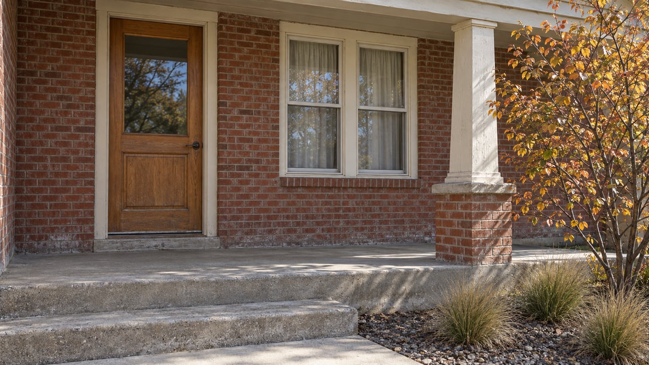 Close view of a red brick home's covered entry, wooden glazed door, cream-framed window, worn concrete steps, and autumn serviceberry planting.