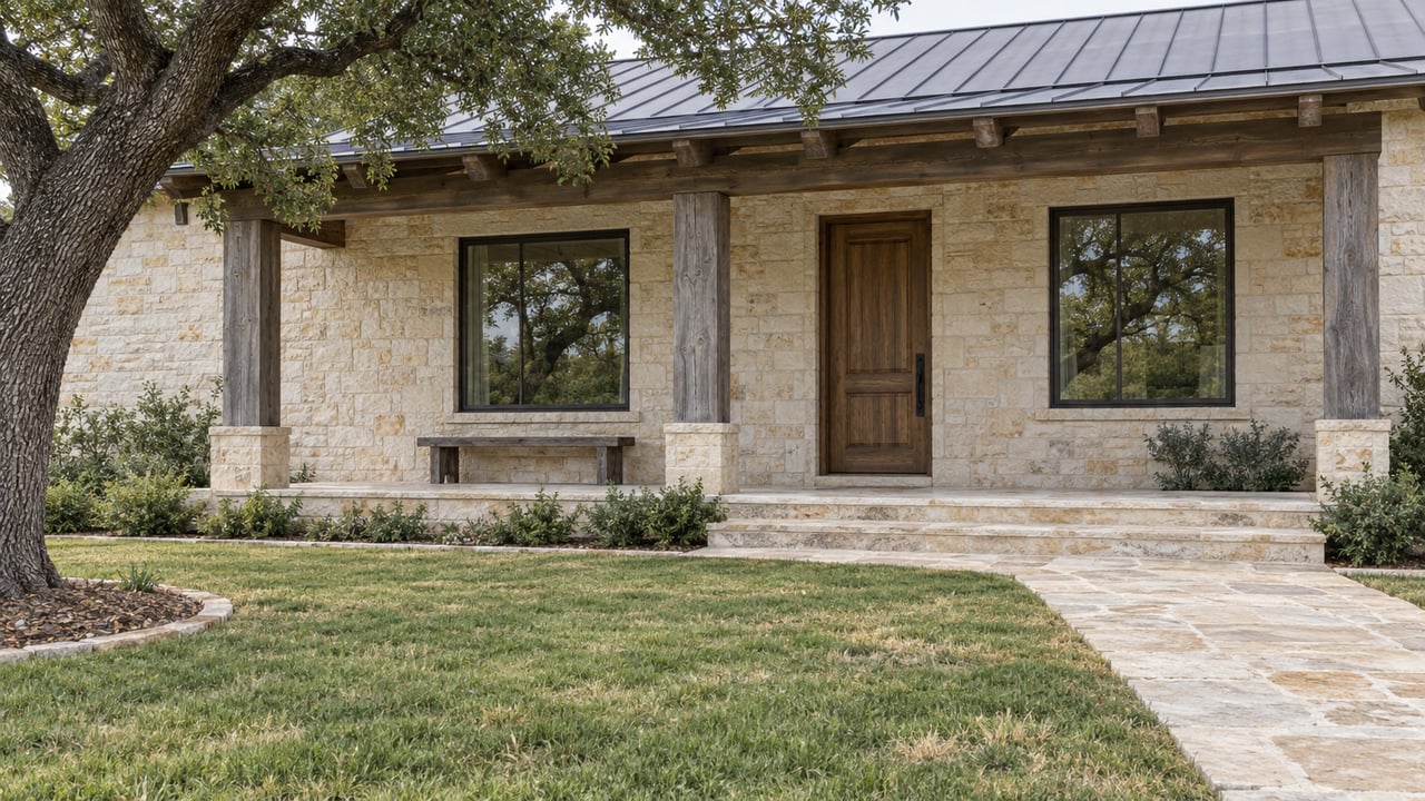 Limestone home with a timber porch, charcoal metal roof, broad lawn and a mature live oak in soft daylight.