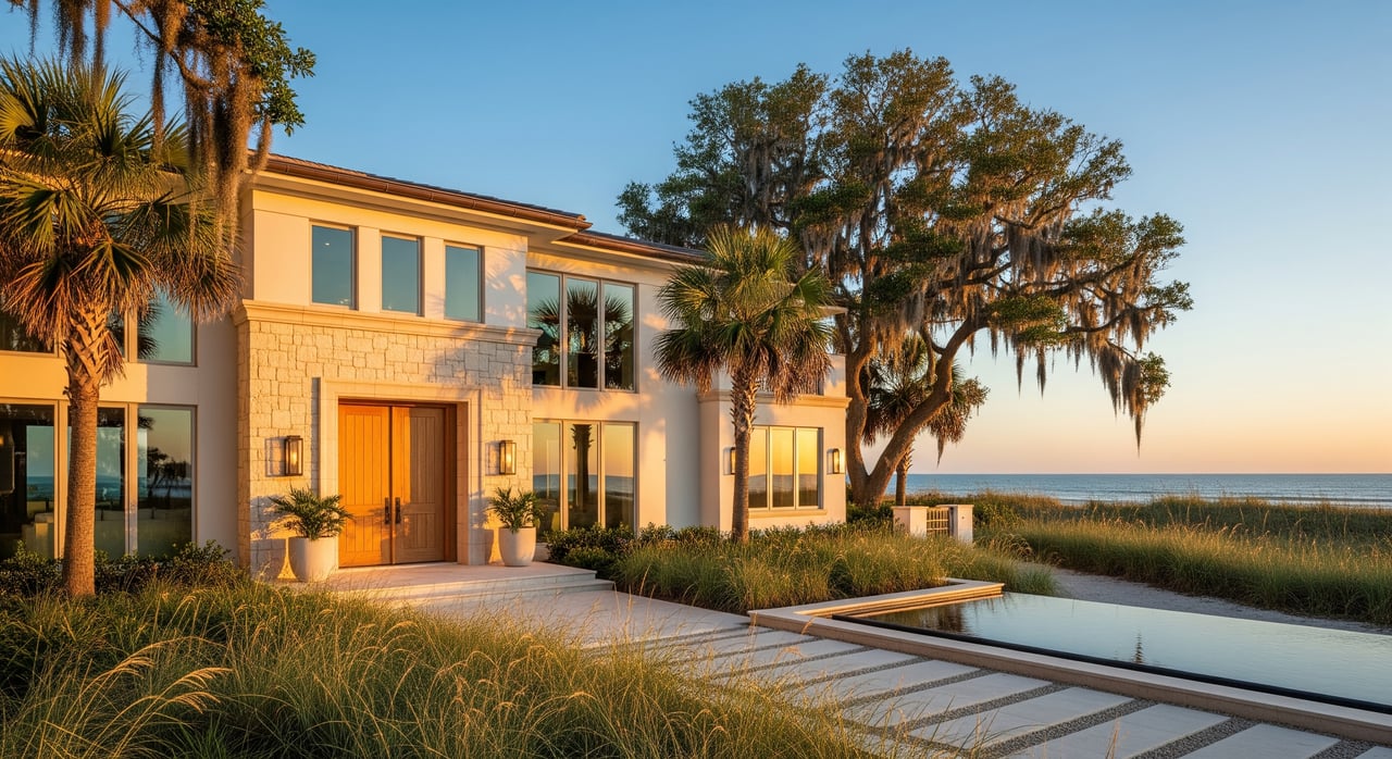 Modern coastal home with stone façade, palm trees, and a reflecting pool beside dune grasses.