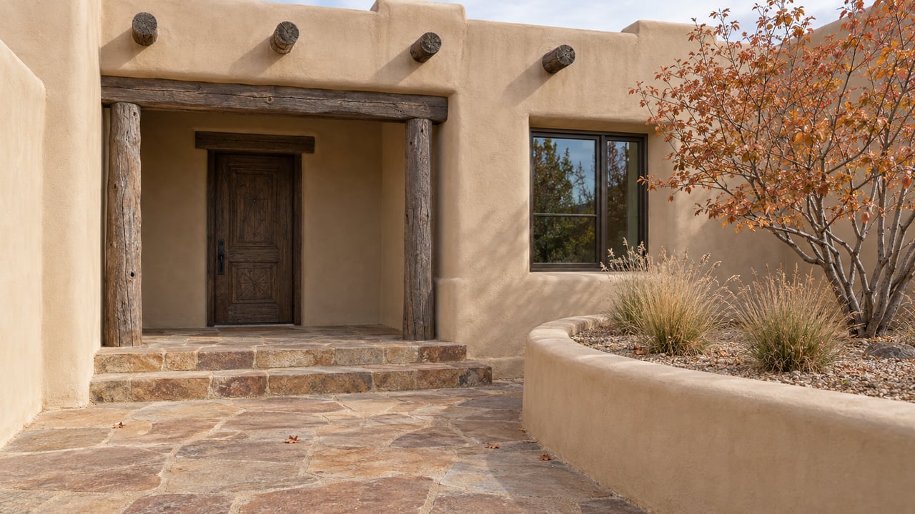 Clay-beige stucco home with a recessed carved wooden door, weathered timber beams, stone entry steps and copper autumn leaves in a raised planting bed.