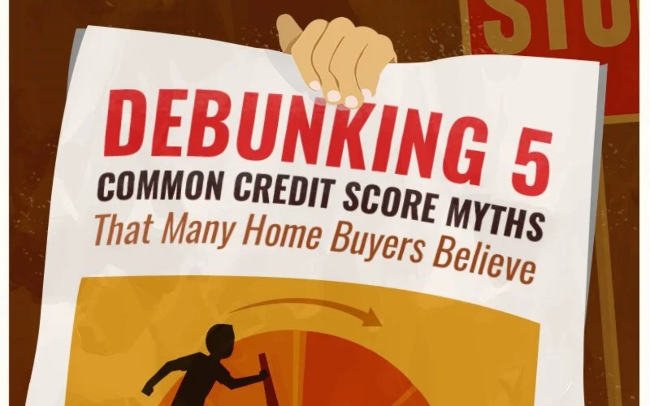 Illustrated sign announcing five common credit score myths, above a partial pie chart and silhouetted figure.