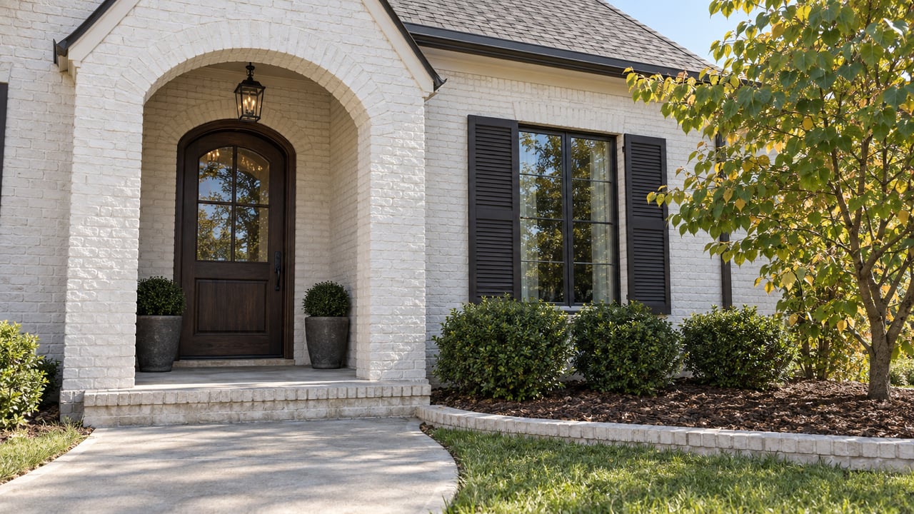 White-painted brick home with an arched oak entrance, dark shutters, a curved concrete approach and a redbud tree.