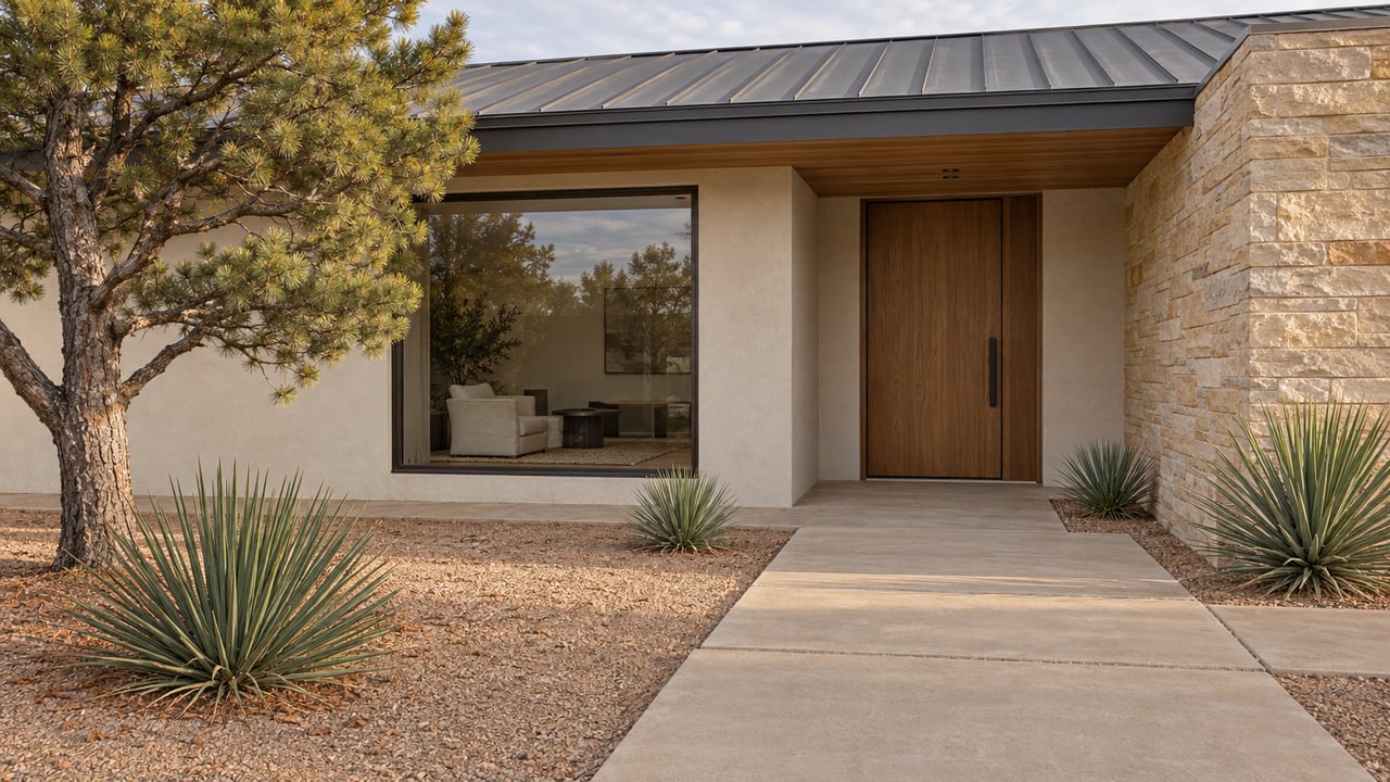 Low contemporary home with sandstone walls, cedar soffit, bronze-framed glazing, and a broad concrete approach beside sculptural pinyon pine and yucca.