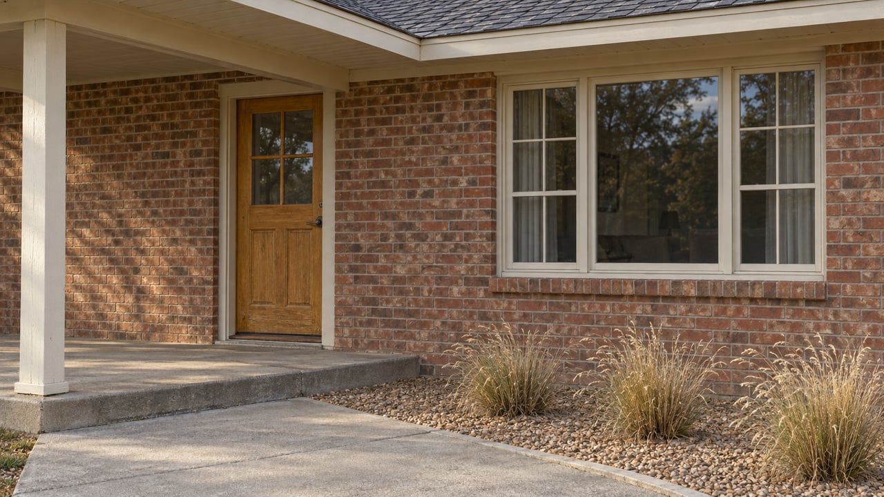Red-brown brick home entrance with a honey-colored wood door, cream window frames and a concrete path beside tawny blue grama grass.