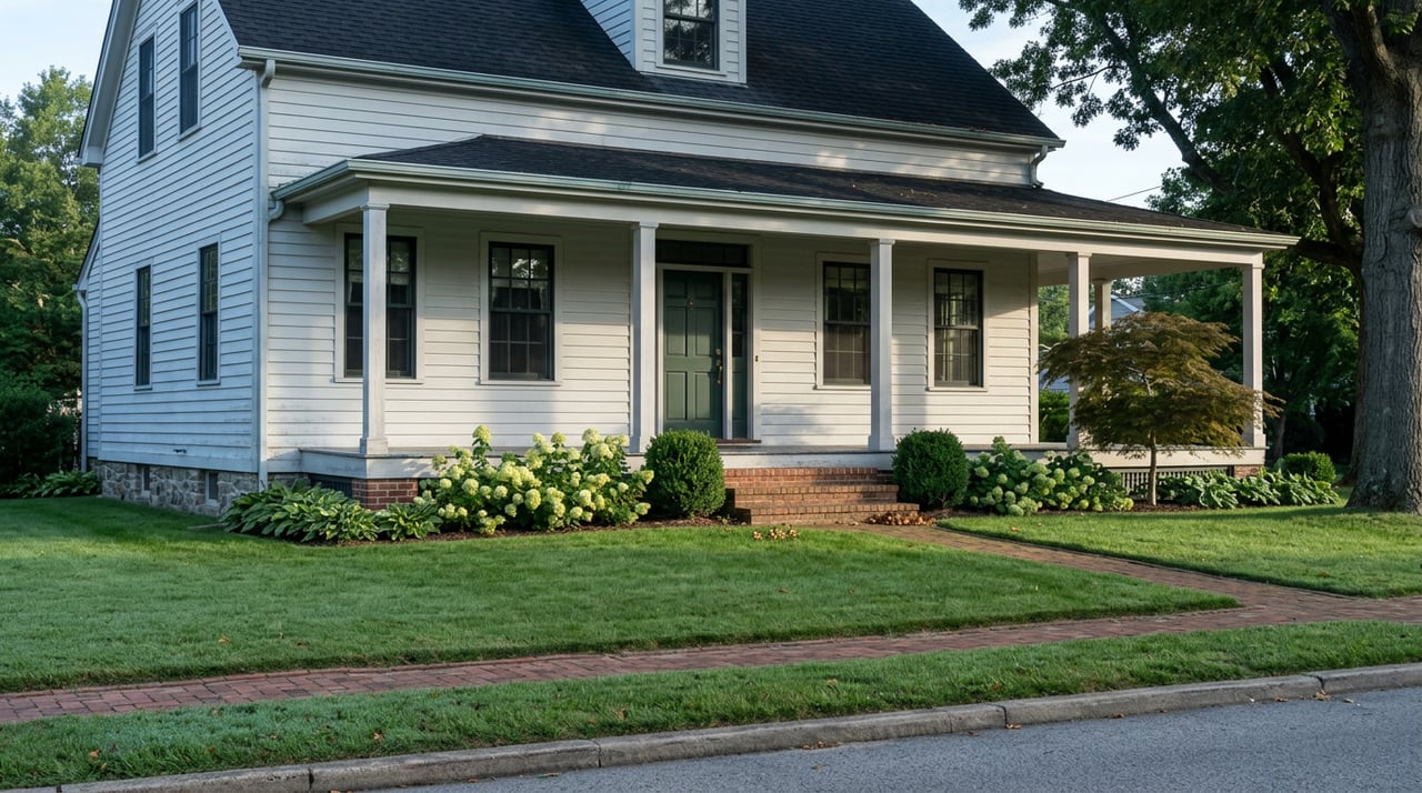 Two-story gray-white clapboard house with a deep porch, green door, brick walk, and oak-shaded lawn.