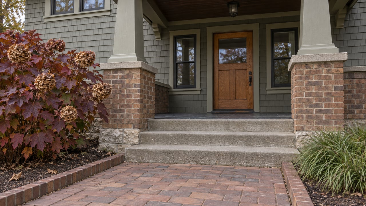 Brick porch piers and a glazed oak front door above concrete steps, with a clay-paver approach and autumn oakleaf hydrangea.
