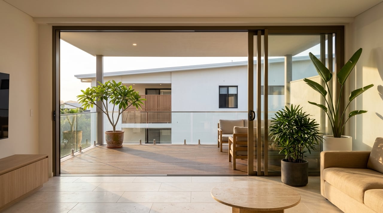Modern living room opens onto a timber deck with potted plants and a neighboring white house.