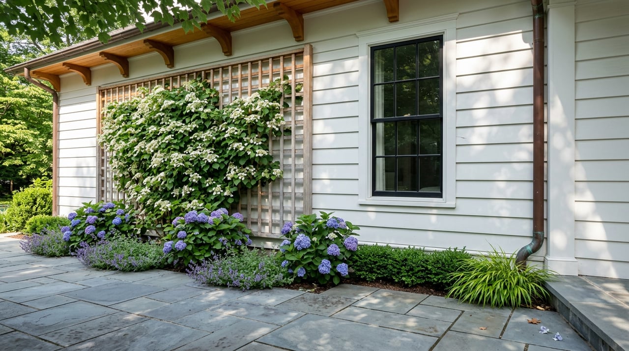 White climbing hydrangea covers a cedar trellis beside a multi-pane window, above blue-purple hydrangeas and bluestone.