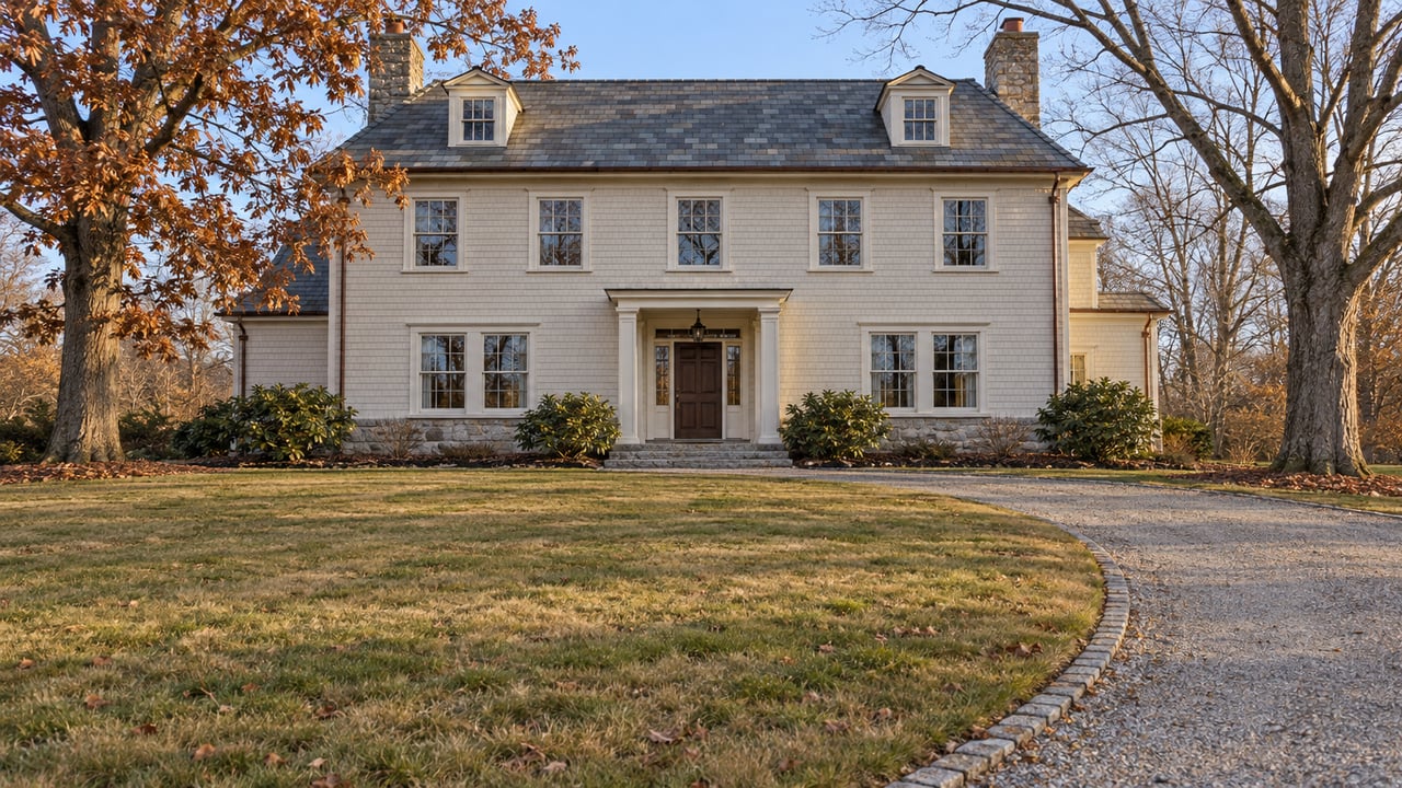 Cream shingle home with slate gables and balanced windows beyond a deep autumn lawn, framed by mature oak and maple trees.