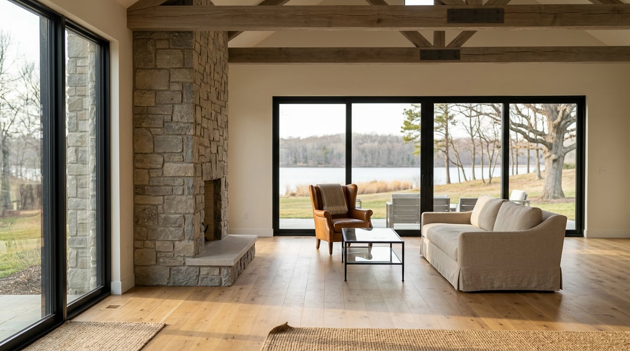 Great room with fieldstone fireplace, exposed oak beams, sofa and leather chair overlooking water through glass.