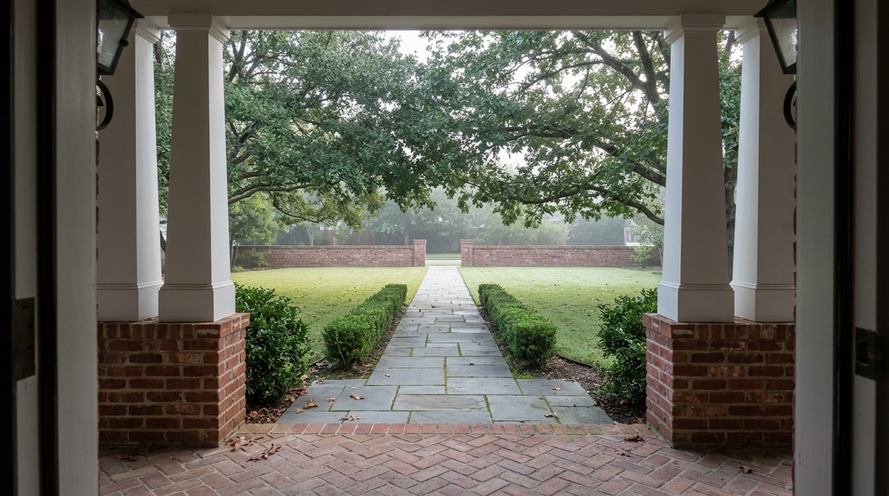 Brick porch piers frame a flagstone walk, clipped hedge, and lawn beneath a spreading oak.
