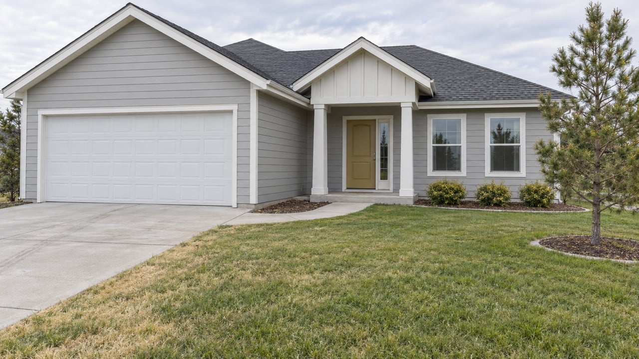Light-gray single-story home with a white garage door, mustard entry door, broad lawn, concrete driveway, and a young pine.
