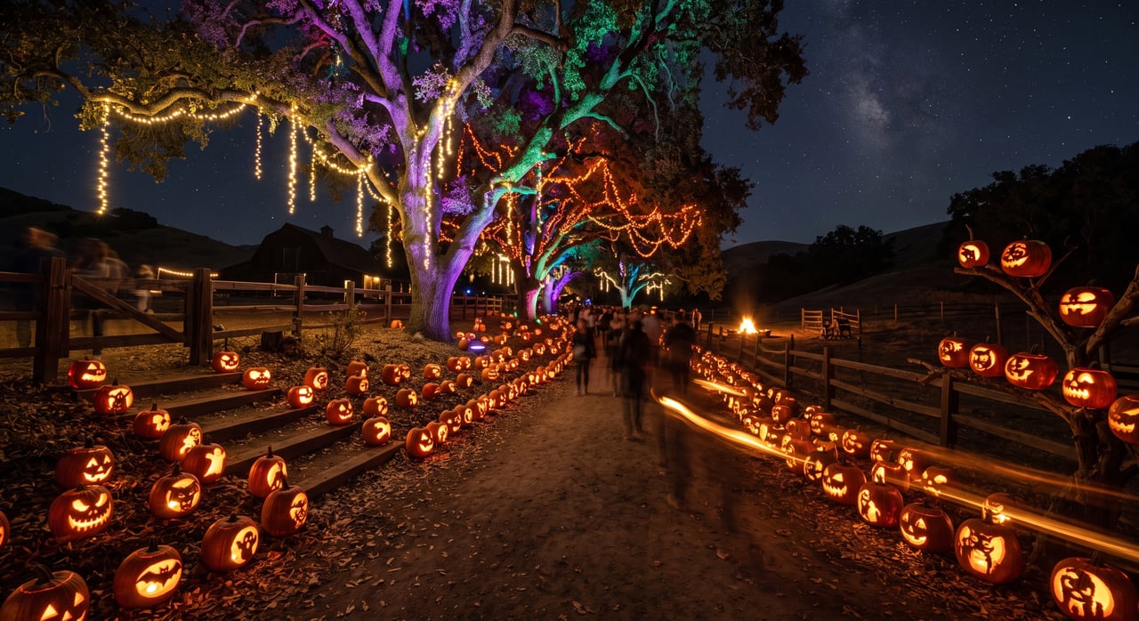 Halloween trail lined with glowing jack-o'-lanterns beneath colorful illuminated trees.