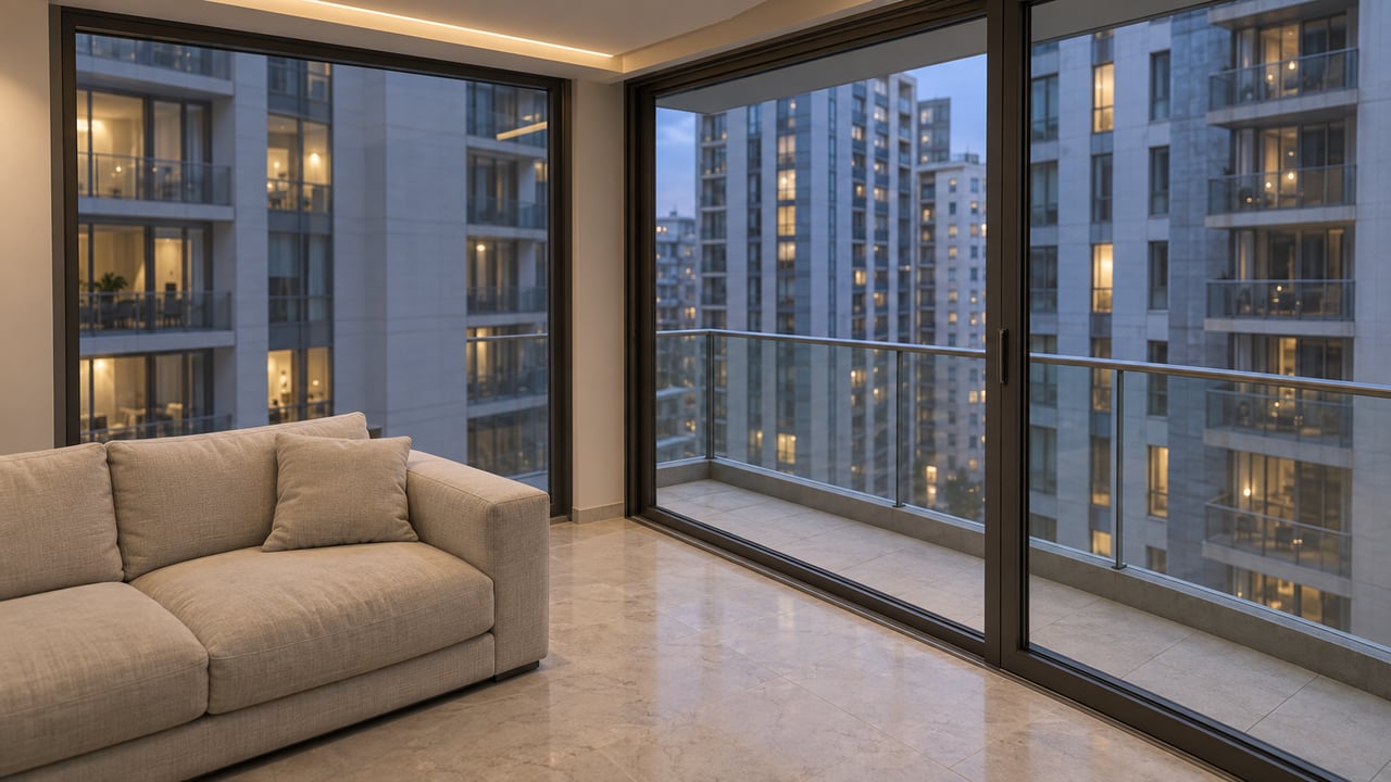 Condominium living room with a low oatmeal sofa facing corner windows and a narrow glass-railed balcony.